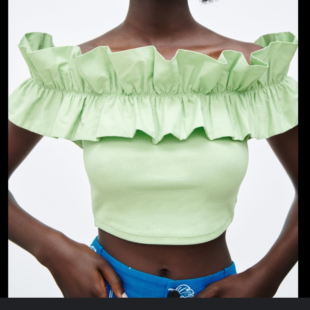 Zara Light Green Ruffled Off-Shoulder Crop Top